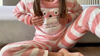 asian petite schoolgirl in pajama teasing small tits fingering pussy and big squirt orgasm